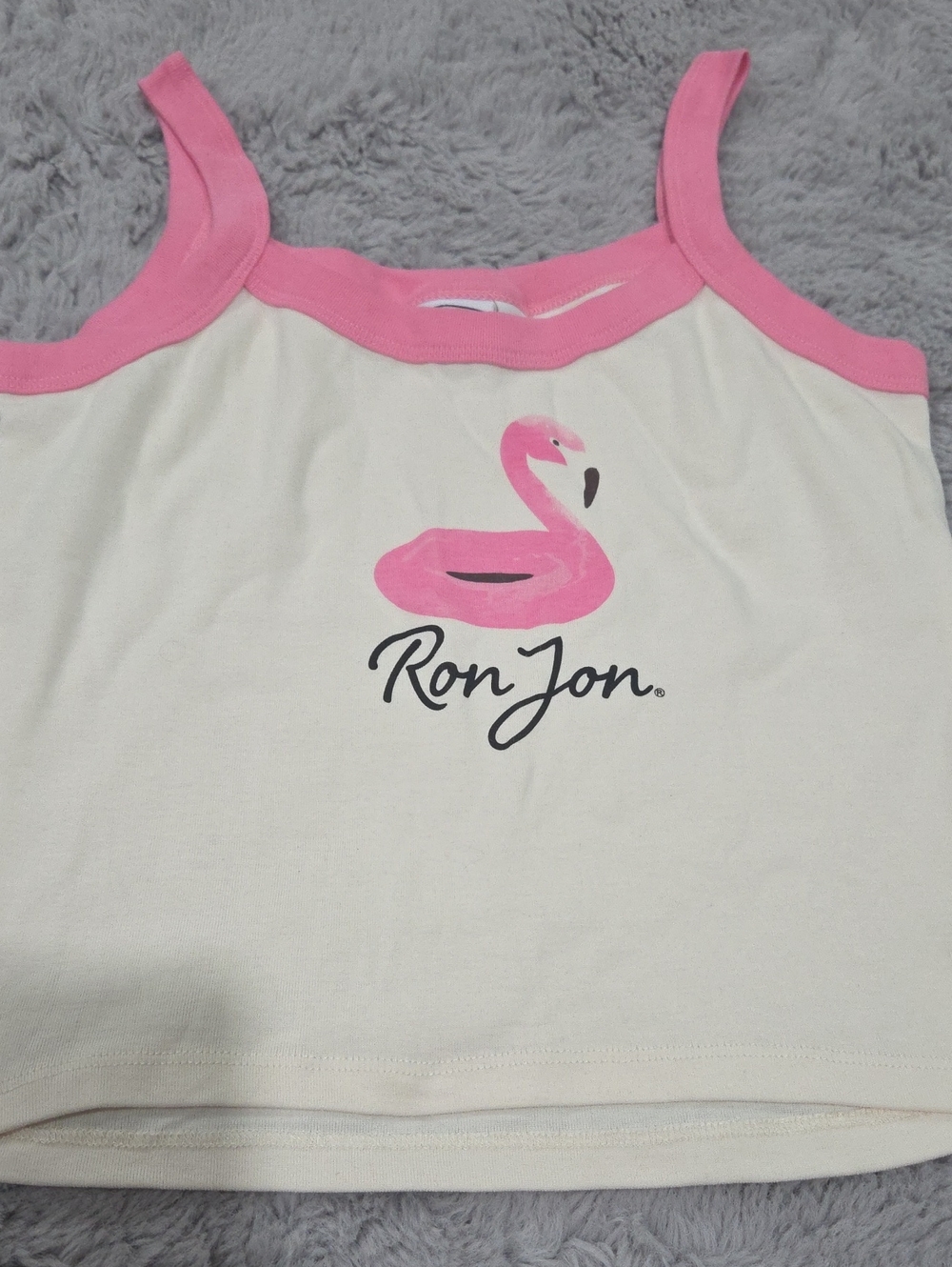 Ron Jon Surf Shop Pink & Cream Flamingo Graphic Cropped Tank Top